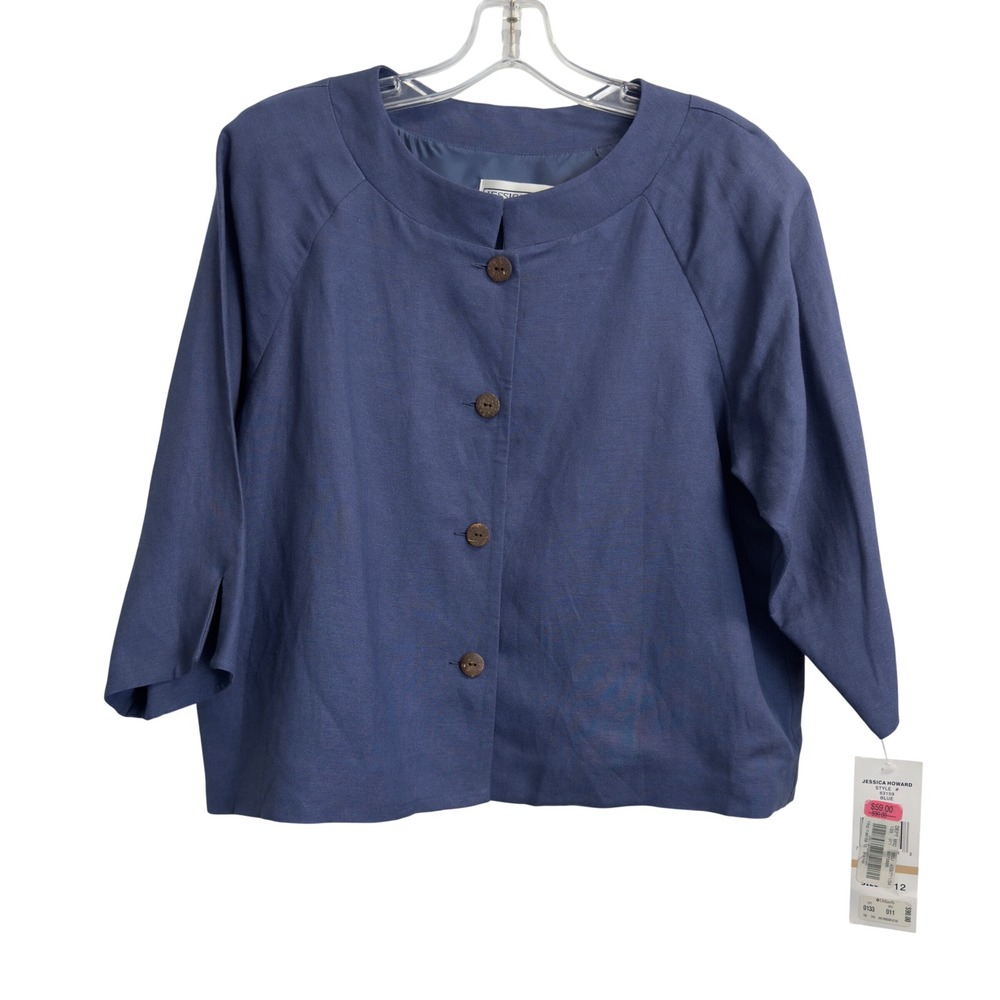 Jessica Howard Womens Blue Linen Blend Button‎ Front Cropped Jacket Size 12 NWT